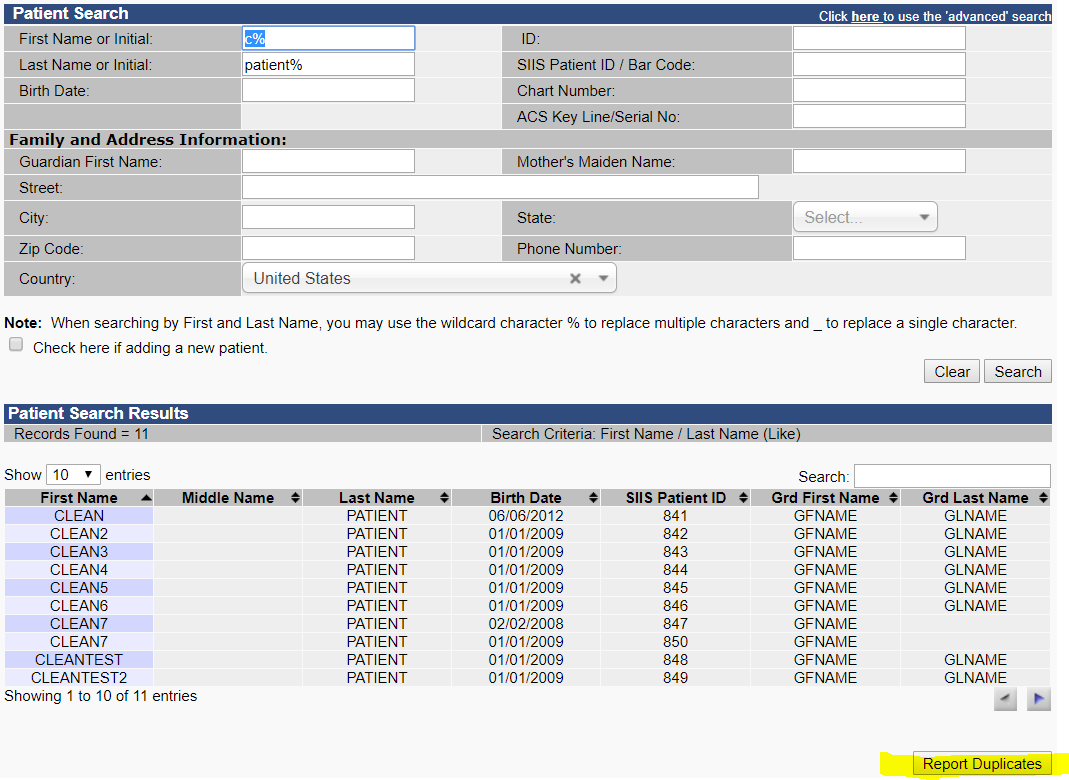 Report Duplicates button on the Patient Search page