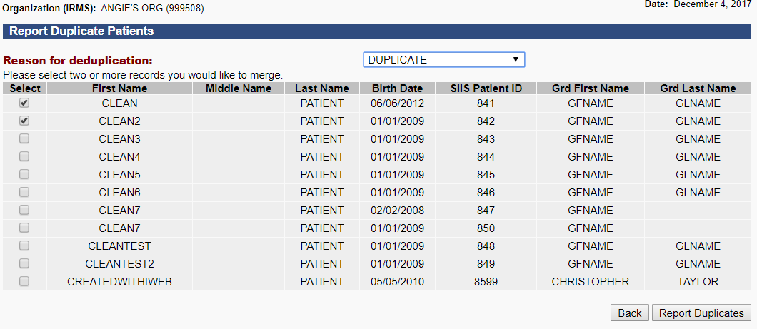Report Duplicate Patients page