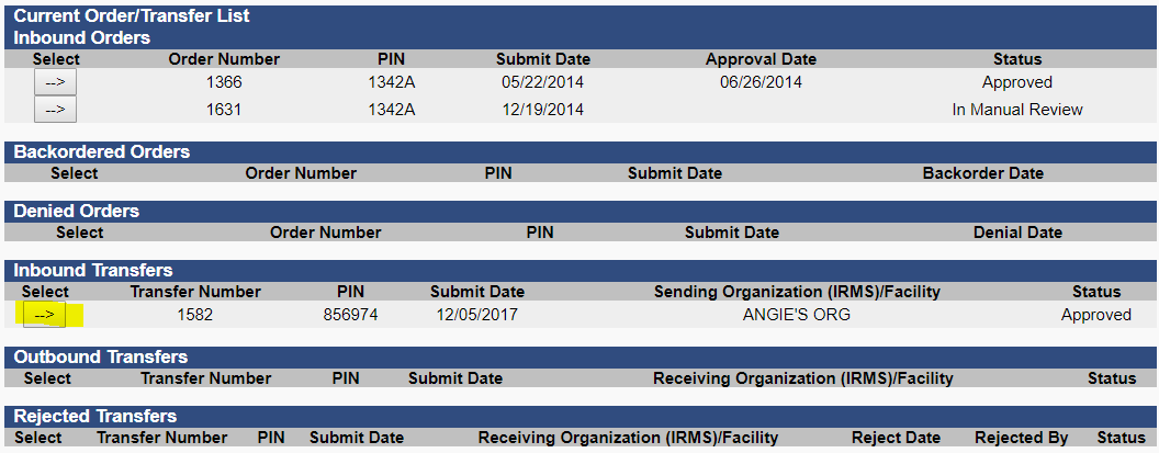 Orders/Transfers page with arrow button highlighted