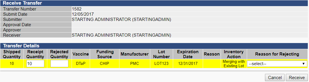 Example Receive Transfer page