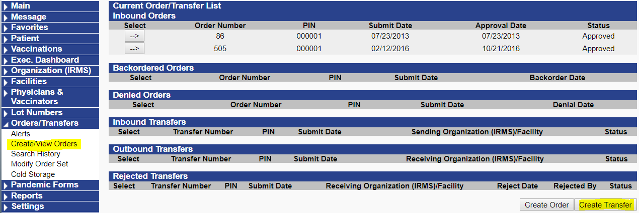 Orders/Transfers page with Create Transfer button highlighted.