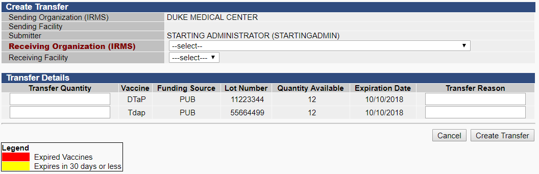 Example Create Transfer page