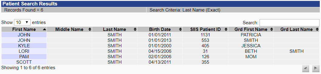 Patient Search Results section with example patient list