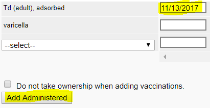 Example vaccine date and Add Administered button