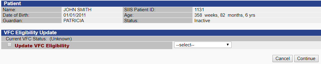 Patient page with VFC Eligibility Update section