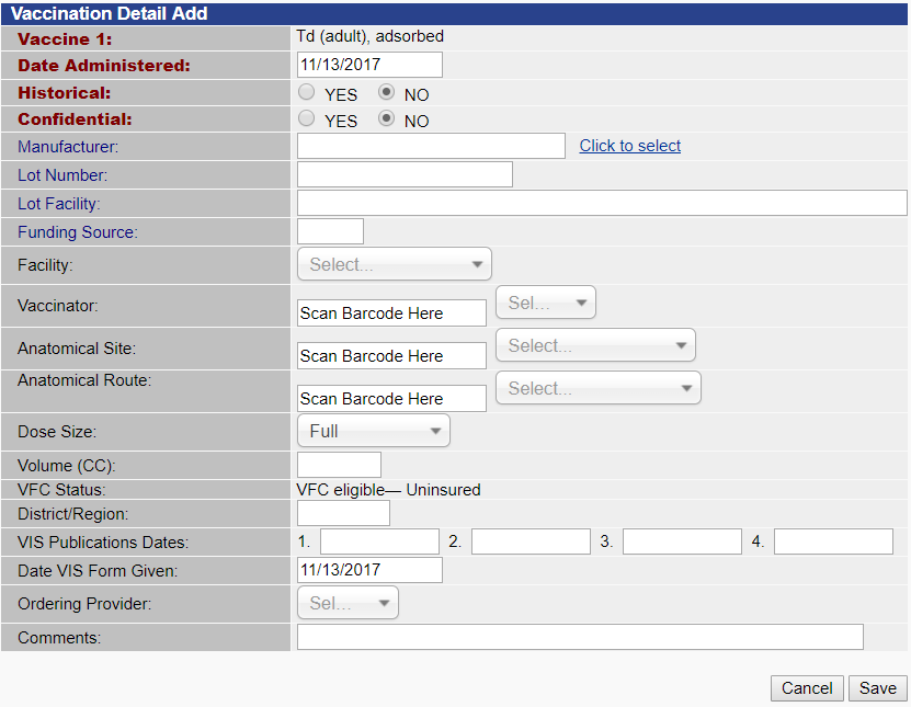 Example vaccination date and Add Administered button