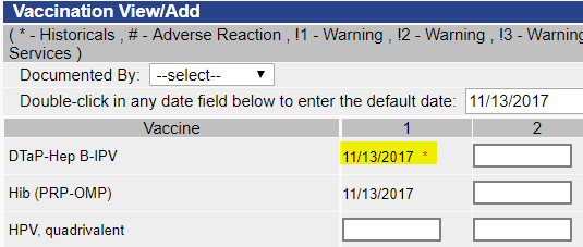 Example historical vaccination date with red asterisk after it