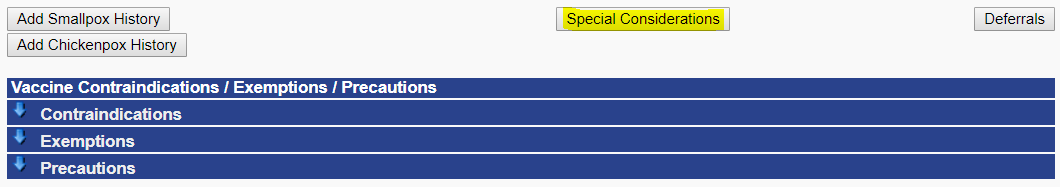 Special Considerations button