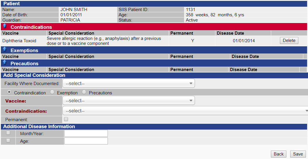 Patient contraindications page