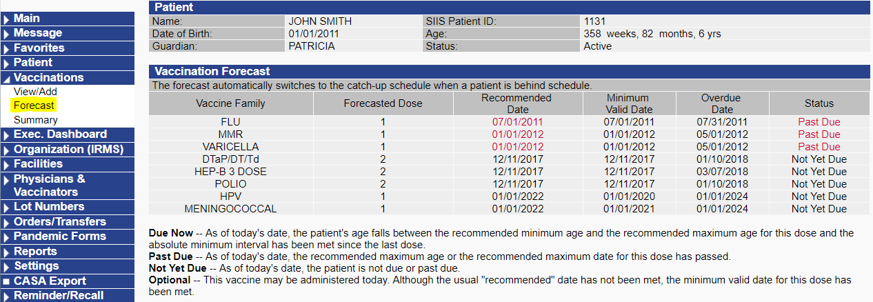 Patient Vaccination Forecast page with Vaccinations > Forecast highlighted in the left navigation pane
